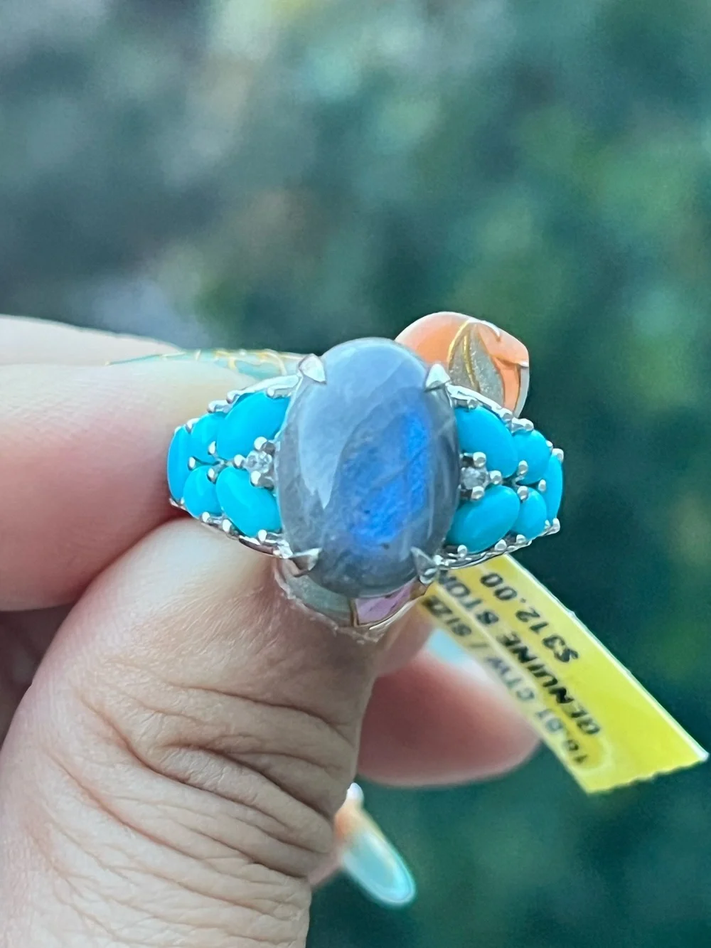 Sterling Silver Labradorite and Turquoise Statement Ring Size 6